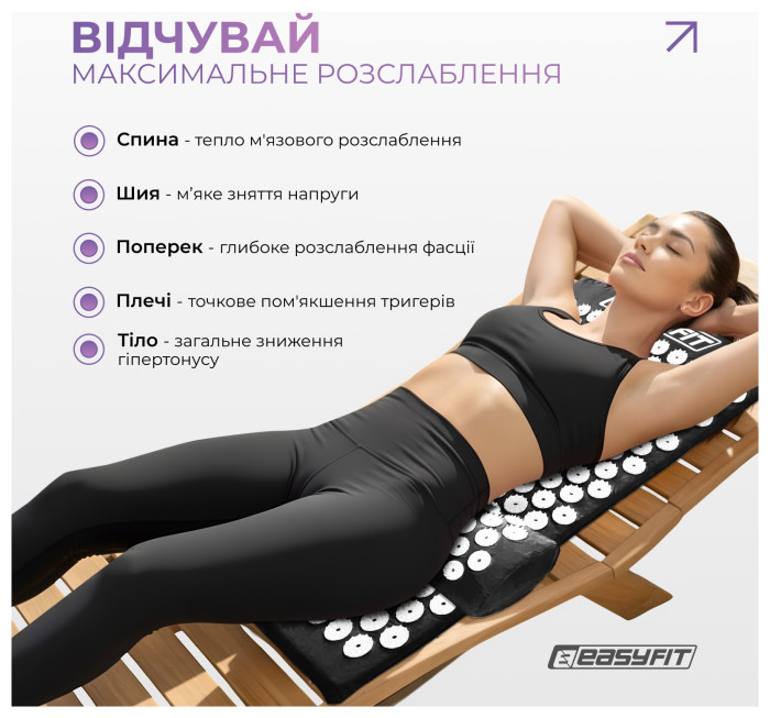 Масажний килимок Easyfit з подушкою (аплікатор Кузнєцова) Чорний з білим, укр, укр