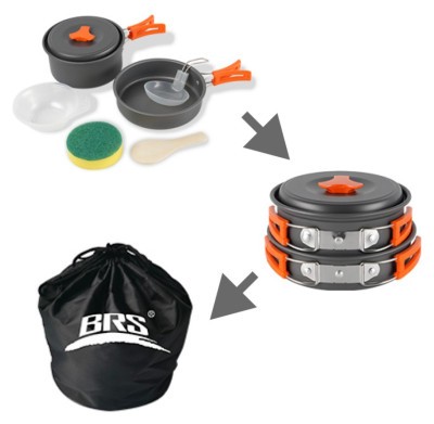 Набір туристичного посуду (каструля з кришкою, сковорідка, 2 тарілки, ложка, черпак та губка) BRS-151, алюміній