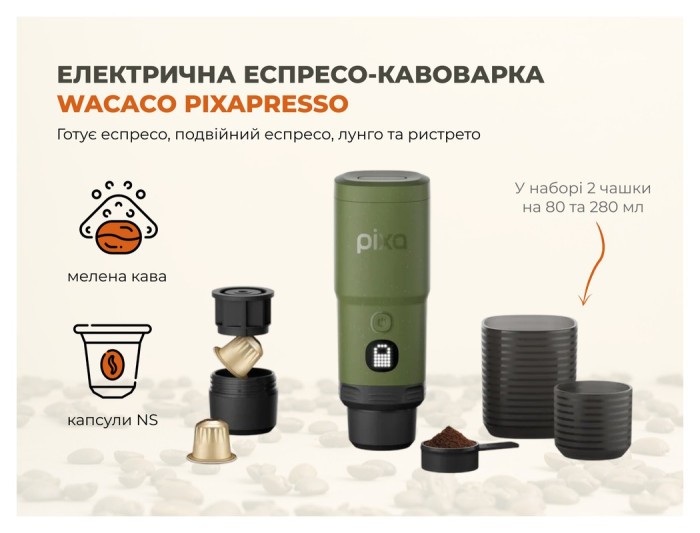 Портативная электрическая эспрессо кофеварка Wacaco Pixapresso для молотого кофе и капсул, оливково-зеленая.