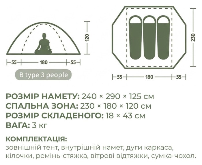 Намет тримісний Naturehike Bleik Series Tent CNK2550WS038, зелений
