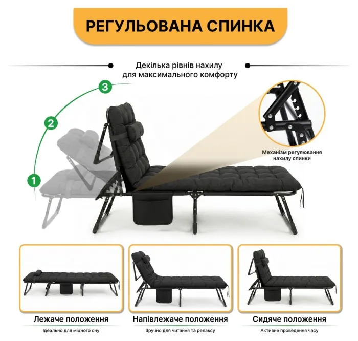 Розкладне ліжко (розкладачка) з подушкою LEOBRO Темно-сіре (FB-S04-PPB)