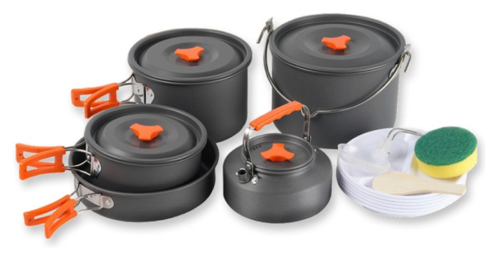 Набір туристичного посуду (2 каструлі з кришкою, котелок, сковорідка, чайник, 6 тарілок, ложка, черпак та губка) BRS-157, алюміній, укр, укр