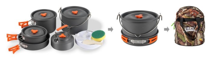 Набір туристичного посуду (2 каструлі з кришкою, котелок, сковорідка, чайник, 6 тарілок, ложка, черпак та губка) BRS-157, алюміній
