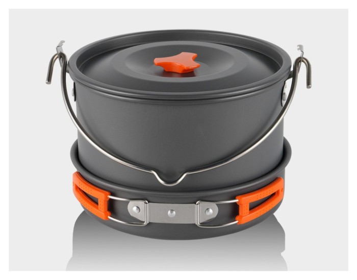 Набір туристичного посуду (2 каструлі з кришкою, котелок, сковорідка, чайник, 6 тарілок, ложка, черпак та губка) BRS-157, алюміній, укр, укр