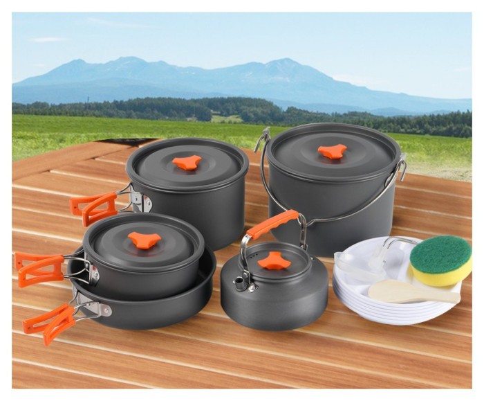 Набір туристичного посуду (2 каструлі з кришкою, котелок, сковорідка, чайник, 6 тарілок, ложка, черпак та губка) BRS-157, алюміній, укр, укр