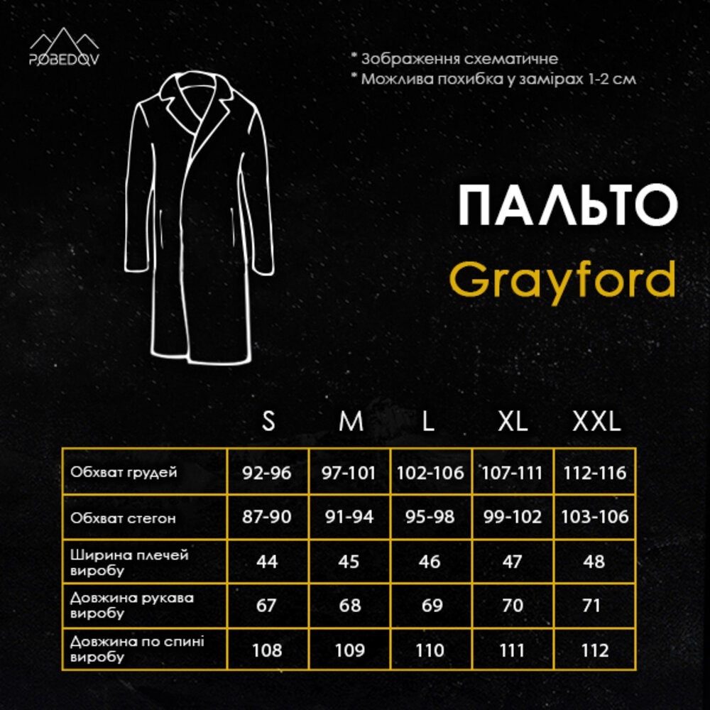 Чоловіче пальто Pobedov Greyford. Пальто демісезонне сіре для чоловіків із вовни, укр, укр