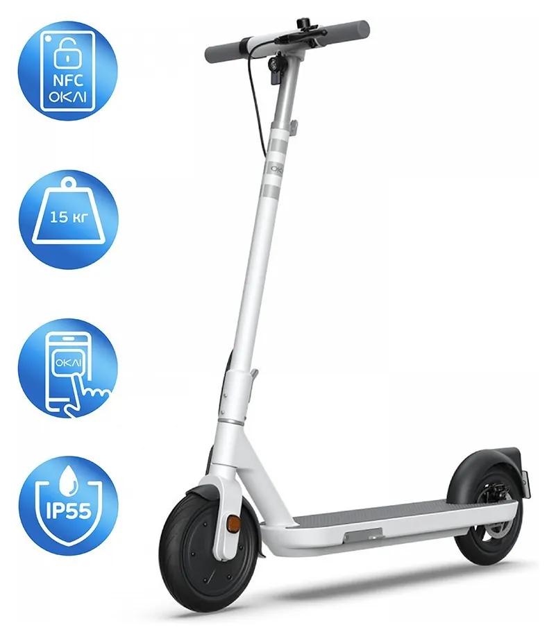 Електросамокат OKAI ES10-NEON Lite White 9", 300(600)W, 7.8Ah, 30km, 25km\h, 20%, NFC, App, 15kg (KOS_ES10-W)