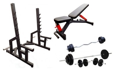 Профессиональная скамья со стойками RN-Sport black rock + 4 грифа, 80 кг блинов