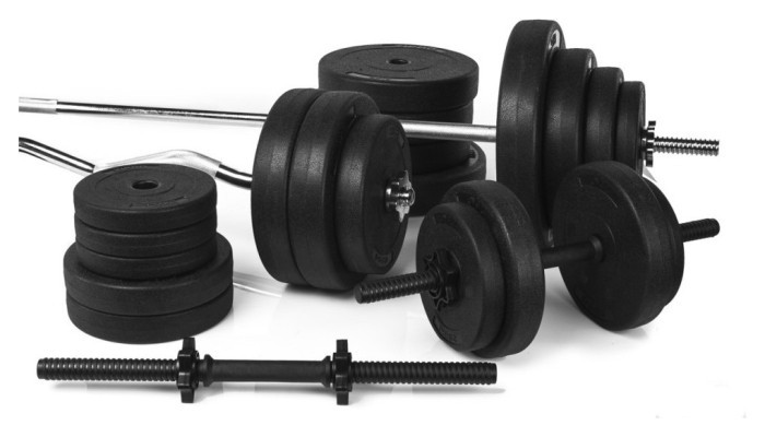 Профессиональная скамья со стойками RN-Sport black rock + 4 грифа, 80 кг блинов