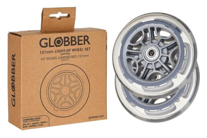 Набор колес для самокатов GLOBBER серии GOUP/PRIMO/ELITE/MASTER ø121мм светится белым.