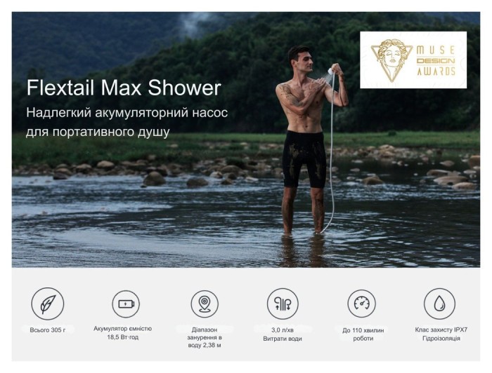 Душ портативний з насосом на акумуляторі Flextail Max Shower, білий, укр, укр