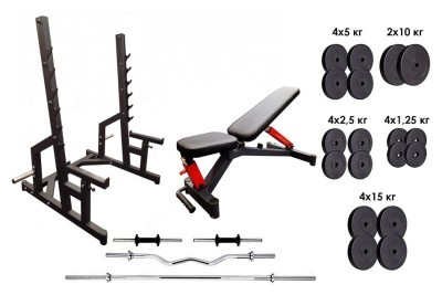 Профессиональная скамья со стойками RN-Sport black rock + 4 грифа, 115 кг блинов