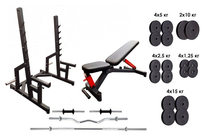 Профессиональная скамья со стойками RN-Sport black rock + 4 грифа, 115 кг блинов