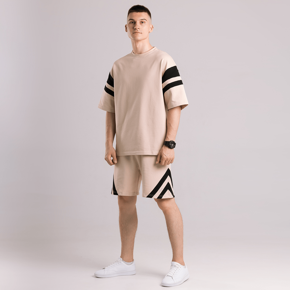 Мужской летний комплект шорты и бежевый футболка свободного кроя Pobedov Flow