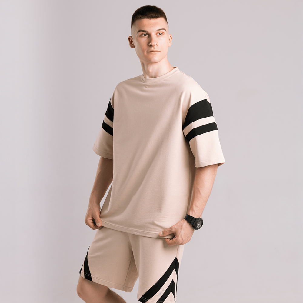 Мужской летний комплект шорты и бежевый футболка свободного кроя Pobedov Flow