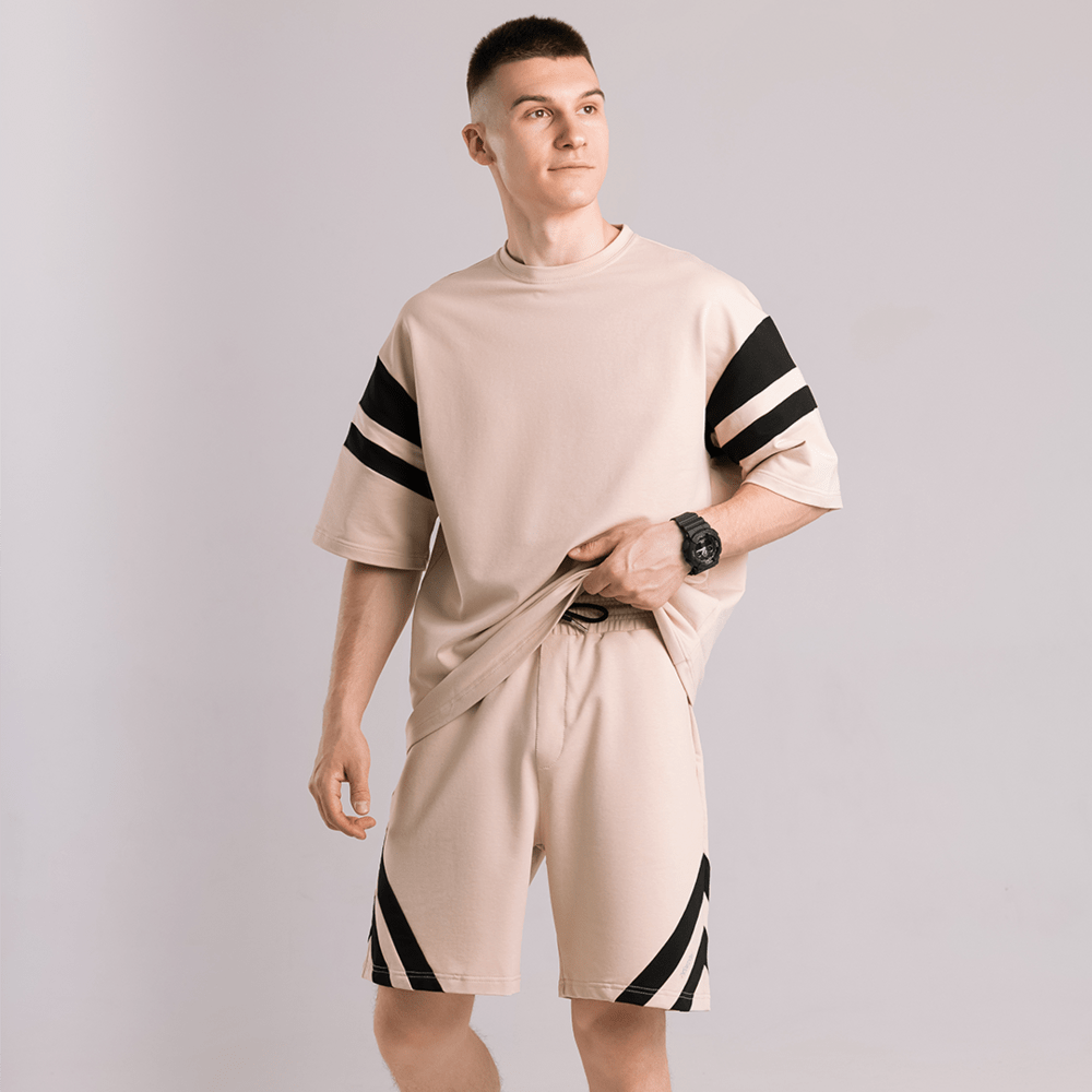 Мужской летний комплект шорты и бежевый футболка свободного кроя Pobedov Flow
