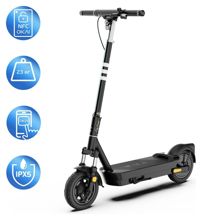 Електросамокат OKAI ES40-Black 10", 500(1000)W, 15.6Ah, 70km, 25km\h, 25%, NFC, App, 23kg