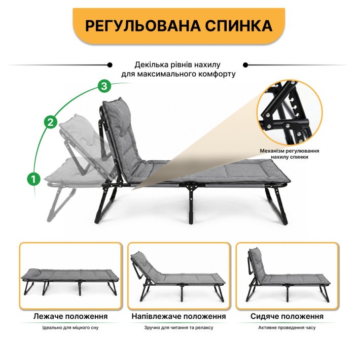Розкладне ліжко (розкладачка) з вбудованим матрацом LEOBRO Grey (LB-FB-S1-GRY)