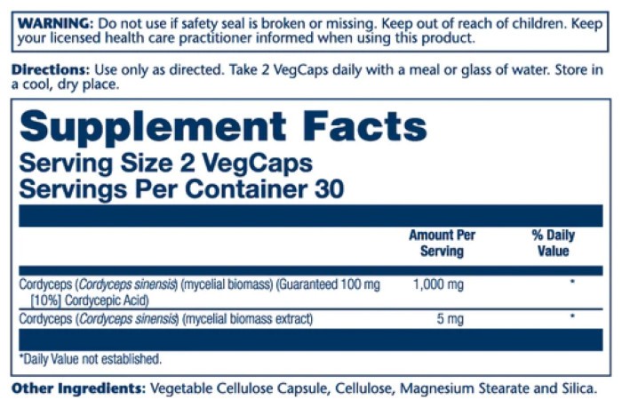 Cordyceps Mushroom Extract 1000mg - 60 vcaps