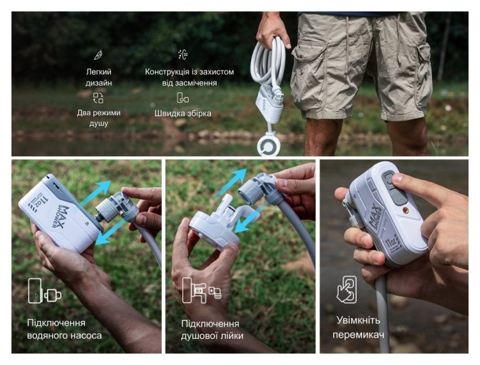 Душ портативний з насосом на акумуляторі Flextail Max Shower із чохлом, білий, укр, укр