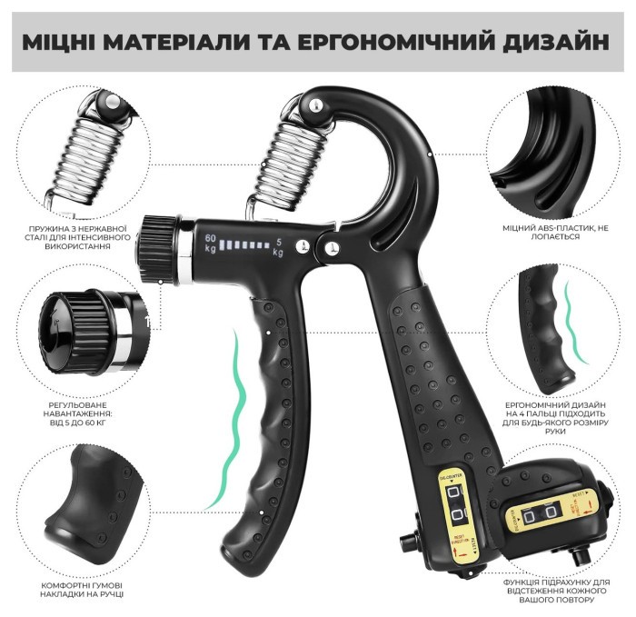 Эспандер кистевой со счетчиком PowerPlay PP-4402 с регулируемой нагрузкой 10-60 кг. Черный