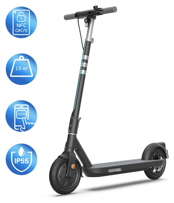 Електросамокат OKAI ES10-NEON Lite Black 9", 300(600)W, 7.8Ah, 30km, 25km\h, 20%, NFC, App,15kg