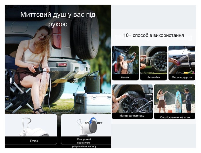 Душ портативний з насосом на акумуляторі Flextail Tiny Shower, білий, укр, укр
