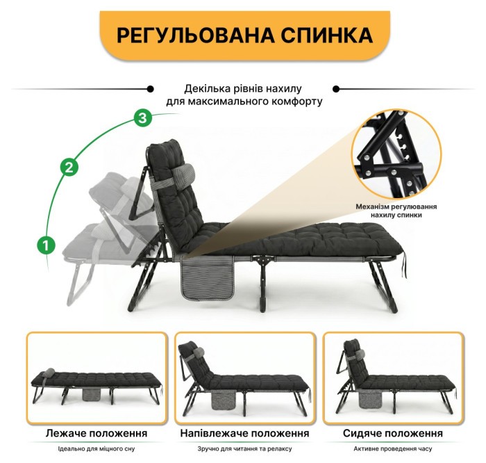 Розкладне ліжко до 150 кг з подушкою LEOBRO Темно-сіре