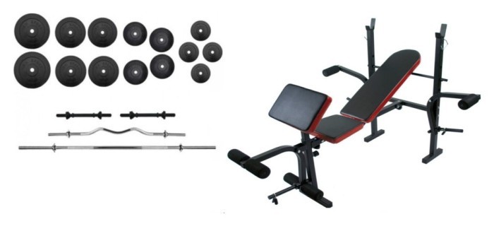 100 кг блинов + 4 грифа + скамья для жима складная RN-Sport