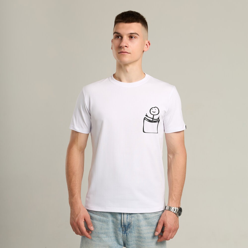 Футболка чоловіча однотонна біла Pobedov Peremoga - наклейка Чоловічок з факами, укр, укр