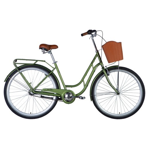 Велосипед ST 28&quot; Dorozhnik RETRO планет. рама- &quot; с багажником задн St с корзиной Pl с крылом St 2024 (темно-зелений) — 
