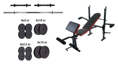 Скамейка с тренажерами + набор силовой на 90 кг.
