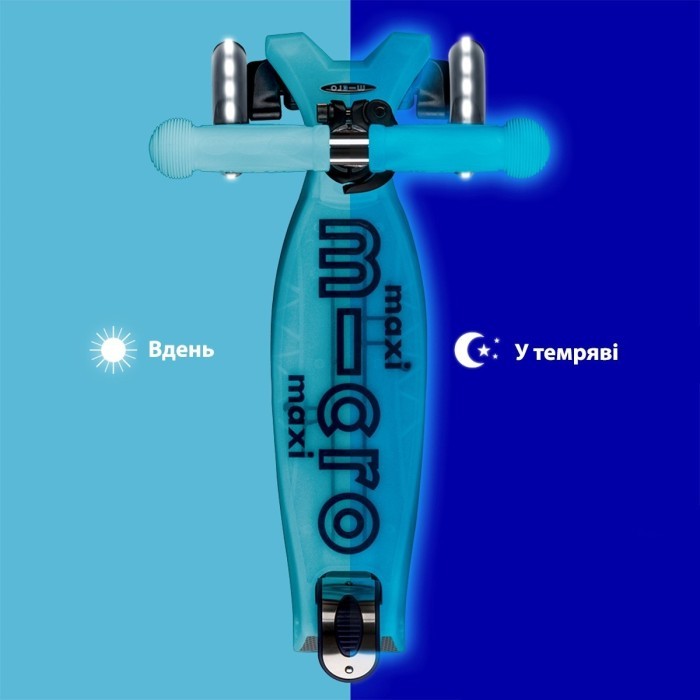 Самокат MICRO серії "Maxi Deluxe Glow LED" – СИНІЙ КРИШТАЛЬ (до 50 kg, 3-х колісний, світло), укр, укр