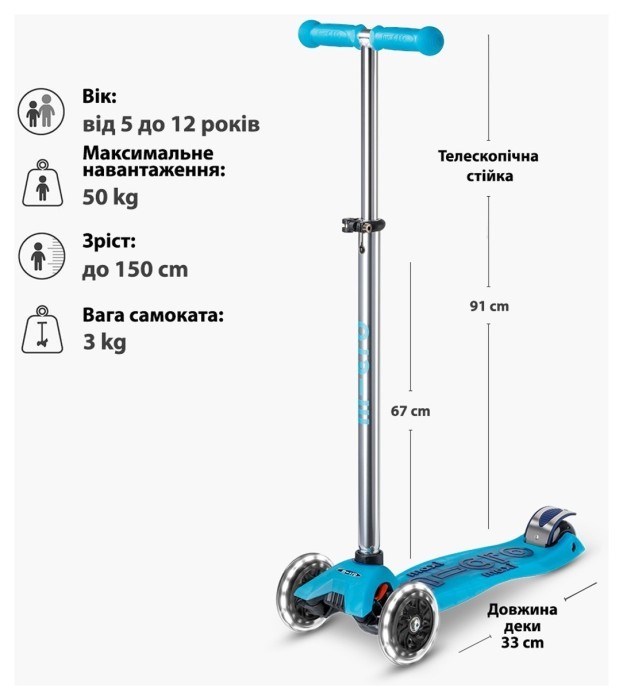 Самокат MICRO серії "Maxi Deluxe Glow LED" – СИНІЙ КРИШТАЛЬ (до 50 kg, 3-х колісний, світло), укр, укр
