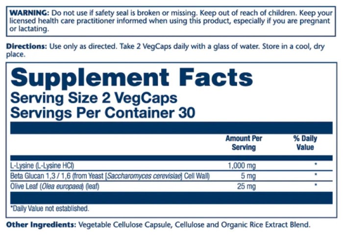 L-Lysine with Beta Glucan 1000mg - 60 vcaps