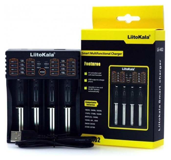 Зарядное устройство для Liitokala Lii-402, Ni-Mh/Li-ion/Li-Fe/LiFePO4, USB, Powerbank, LED, Box