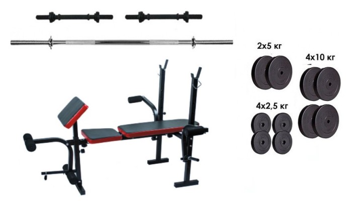 Скамейка с тренажерами + набор силовой на 70 кг. Rn-Sport