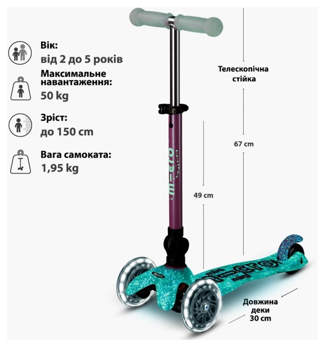 Самокат MICRO серии "Mini Deluxe Foldable Orion Glow LED" – Розовый (сложный, до 50 кг (kg), трехколесный)