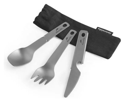 Набір столових приладів (ложка, виделка, ніж) з титану Naturehike CNH22CJ017, сірий з мішечком
