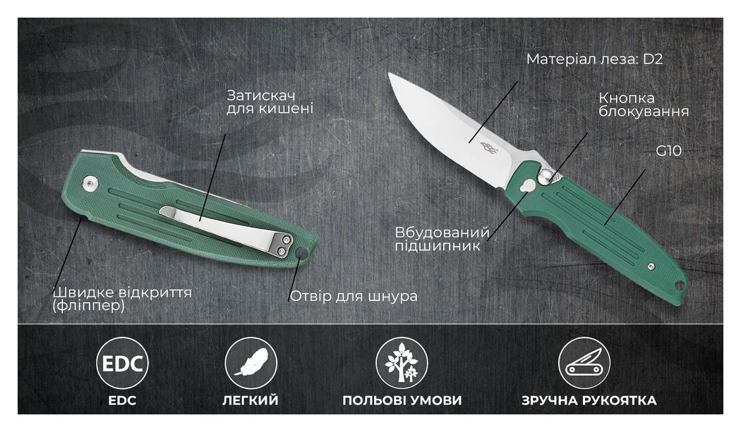 Нiж складаний Firebird FH926-GB синьо-зелений, укр, укр