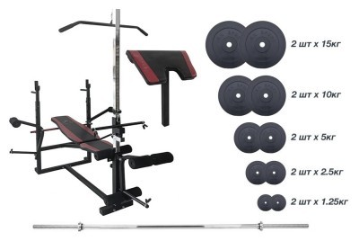 Скамейка для жима с верхней тягой и тренажерами + штанга 75 кг RN-Sport