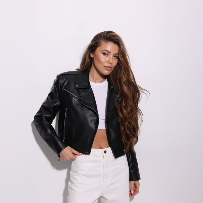 Женская куртка Slavni эко кожа черная, Стильная короткая куртка Slavni Jetta женская черная