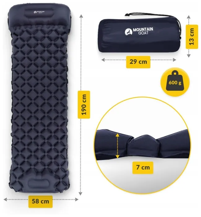 Килимок (каримат) надувний Mountain Goat 190 x 58 x 5 см з вбудованим насососм Navy Blue (P-5905973400916)