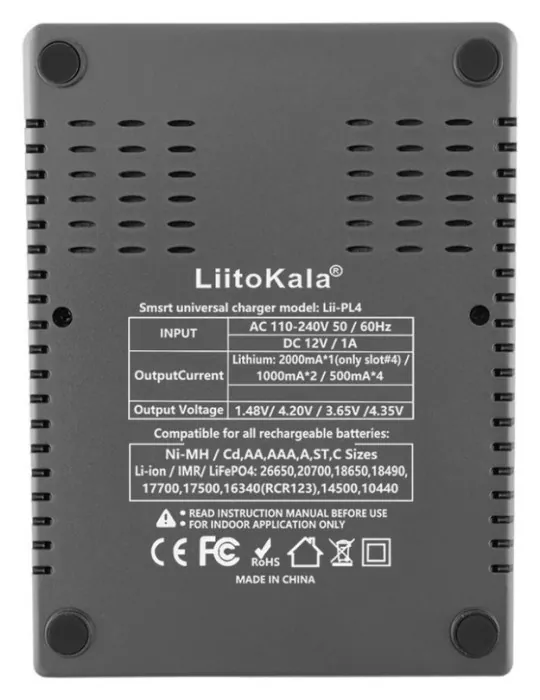Зарядное устройство для Liitokala Lii-PL4, 4 канала, Ni-Mh/Li-ion/LiFePO4, 220V/12V, LED, Box