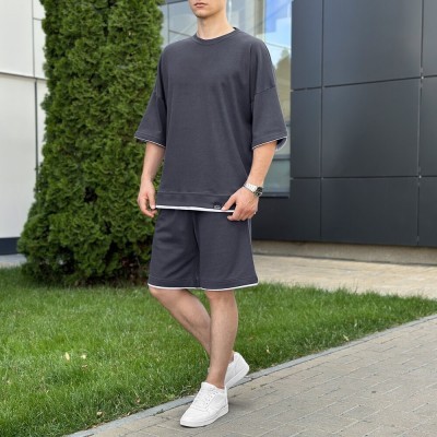 Чоловічий літній комплект шорти і футболка антрацит вільного крою Pobedov Jack