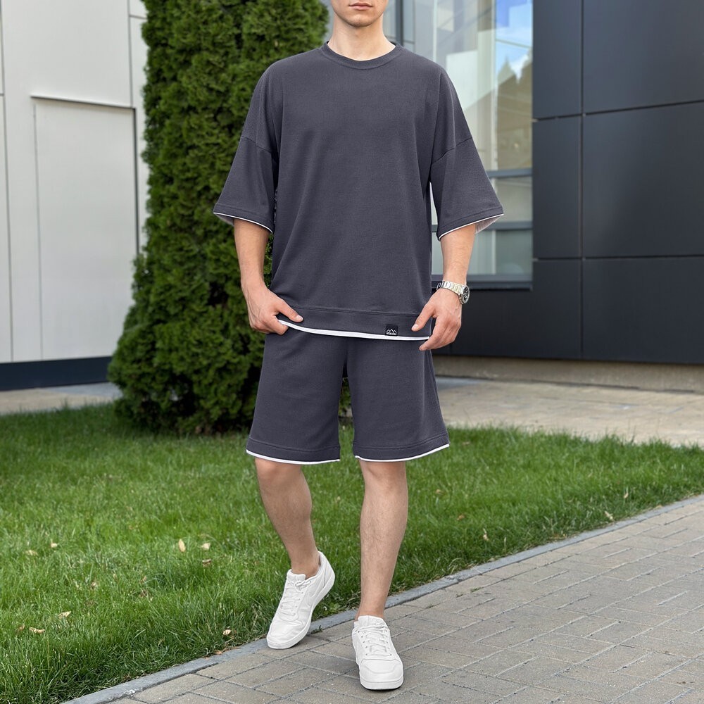 Мужской летний комплект шорты и футболка антрацит свободного кроя Pobedov Jack