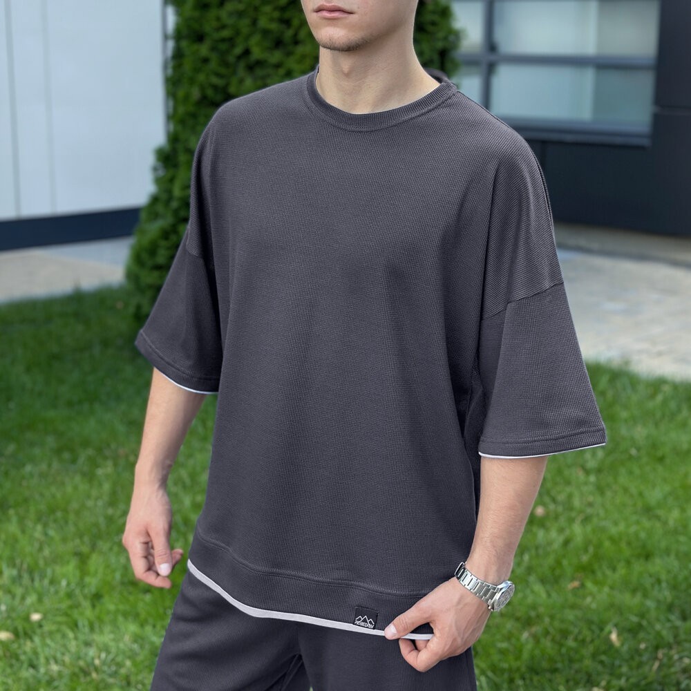 Мужской летний комплект шорты и футболка антрацит свободного кроя Pobedov Jack