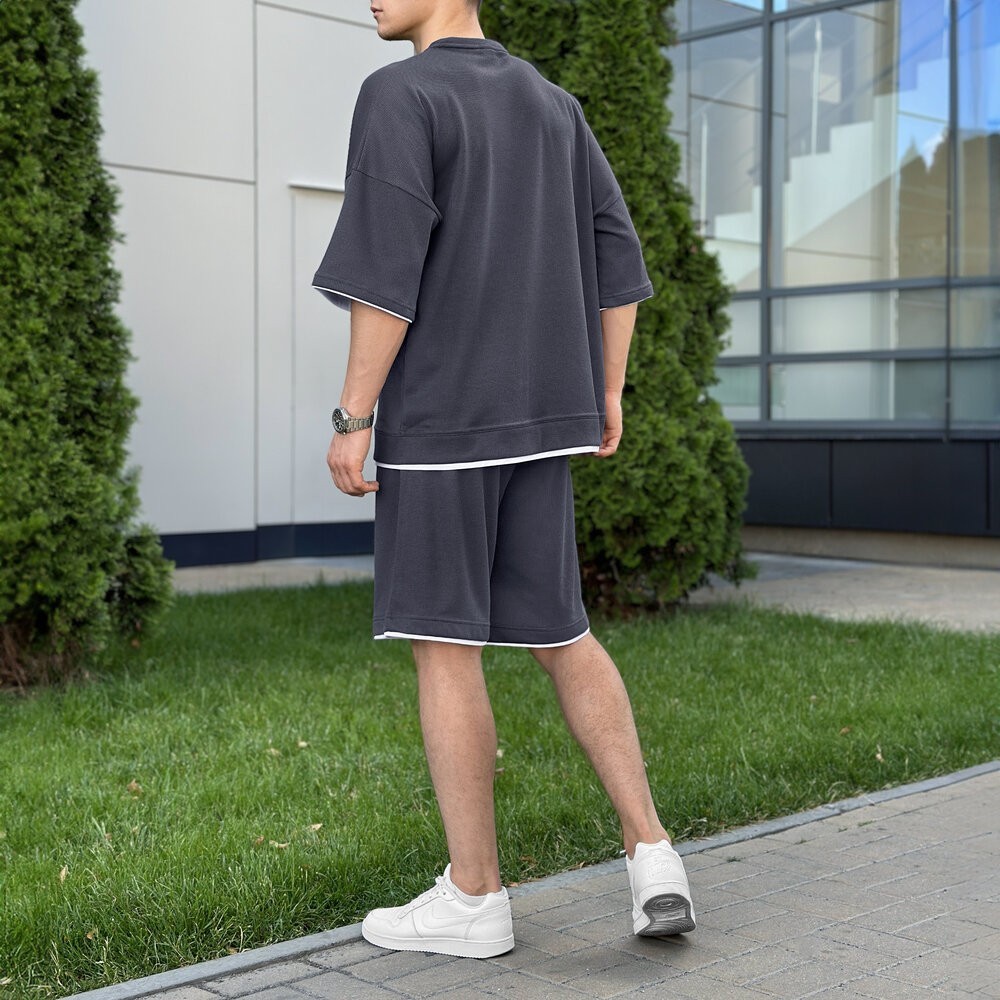 Мужской летний комплект шорты и футболка антрацит свободного кроя Pobedov Jack