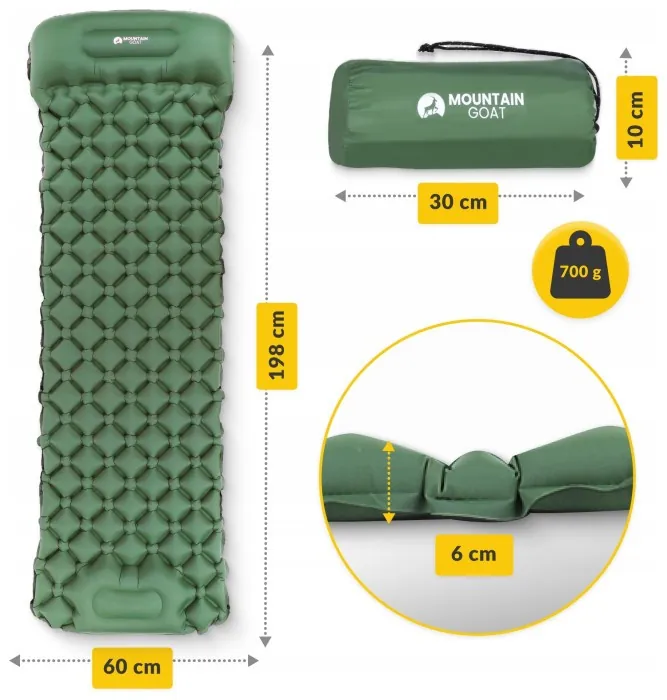 Килимок (каримат) надувний Mountain Goat 190 x 58 x 5 см з вбудованим насососм Navy Green (P-5905973400909)