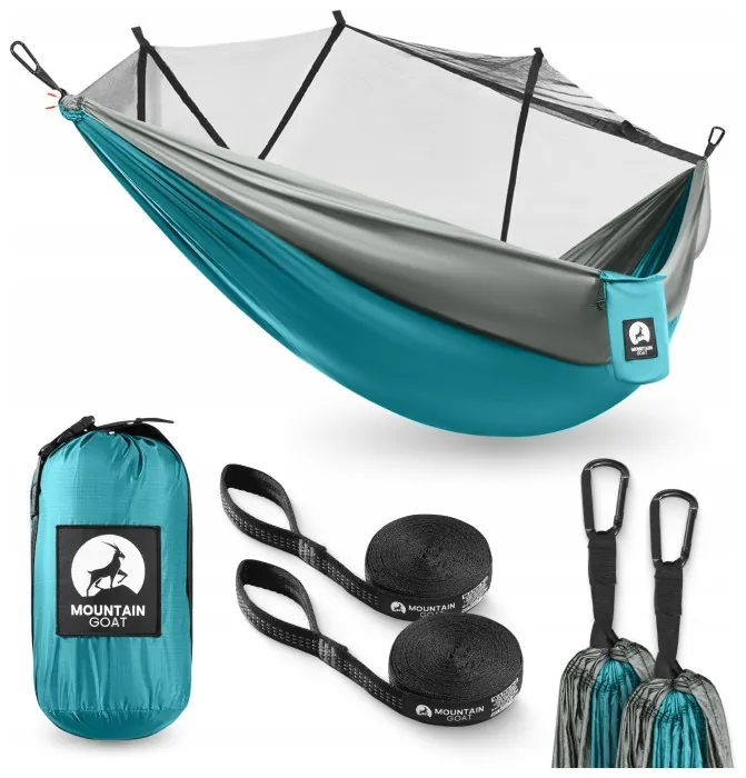 Гамак туристичний Mountain Goat 270 x 140 см з москітною сіткою, одномісний, підвісний Grey/Turquoise (P-5905973408011)